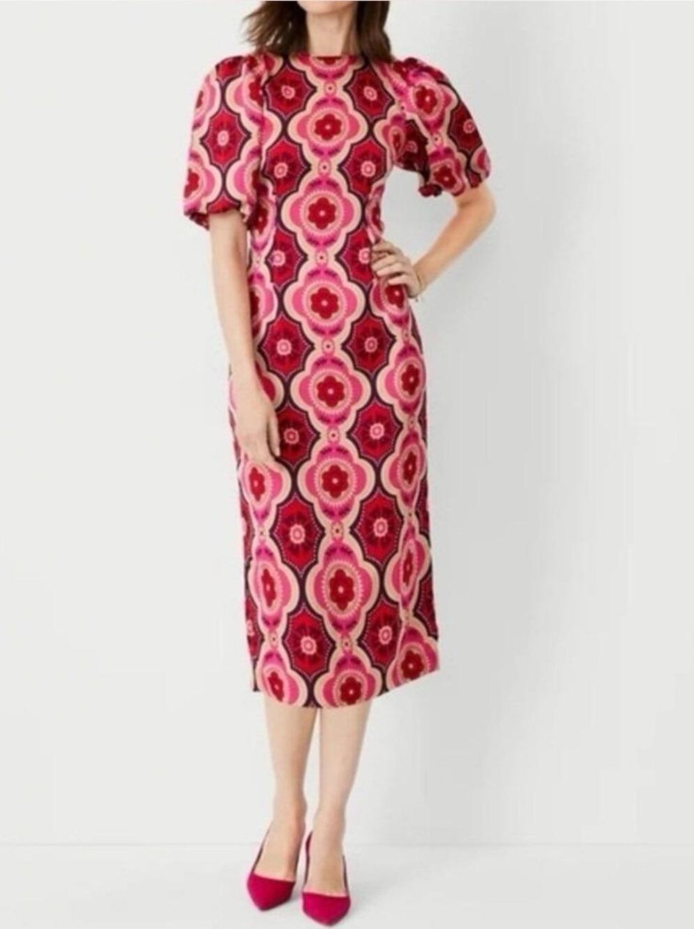 Ann Taylor Petite 0P Pink Retro Print Lined Puff-Sleeve Sheath Midi Dress NWT